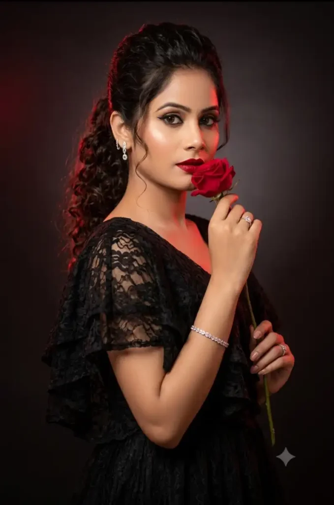 A glamorous woman in a black lace ruffled gown holding a vibrant red rose near her lips with dramatic crimson backlighting.