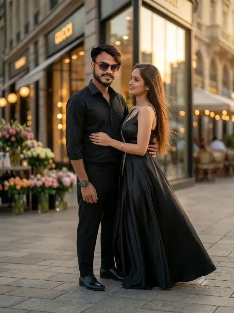 Romantic couple wearing elegant black outfits standing together on a luxury European-style street during golden hour, created using Google Gemini AI Girlfriend Photo Editing Prompt with cinematic lighting and DSLR photography.