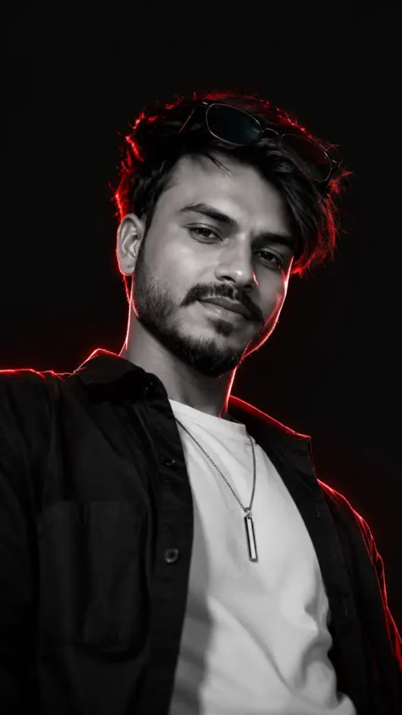 Instagram Viral PFP AI photo editing portrait with black and white cinematic style, red neon rim lighting, luxury streetwear outfit, and cyberpunk aesthetic.