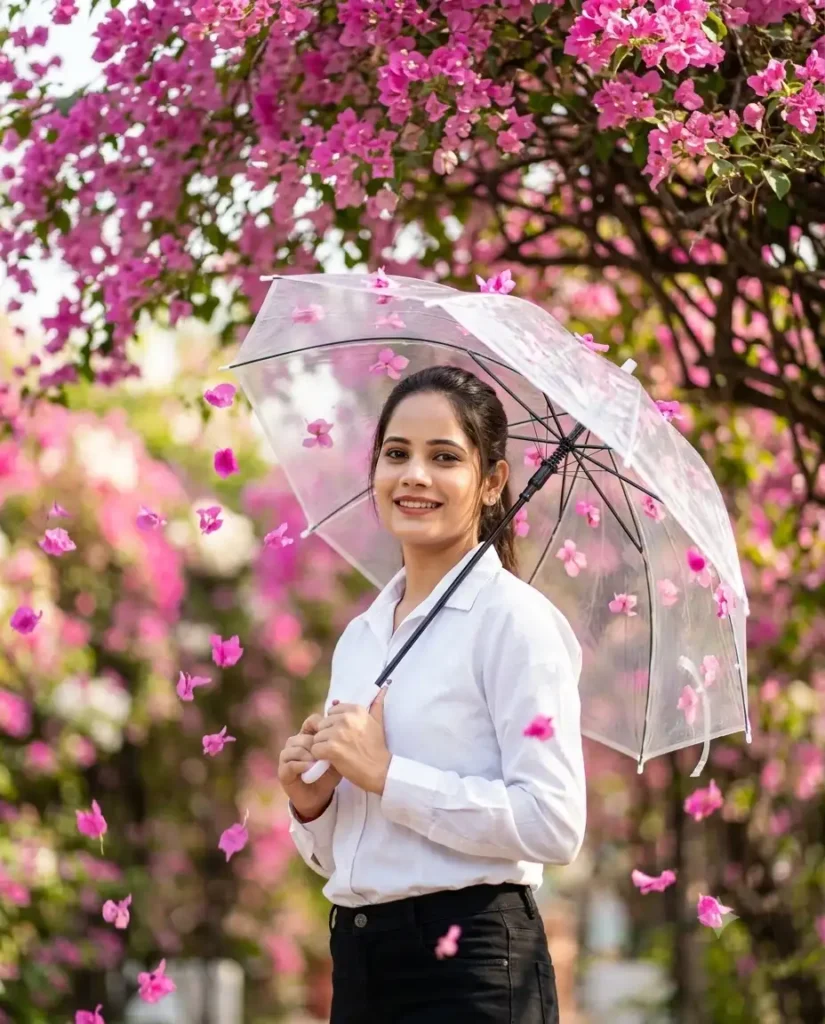 Joyful Girl with Floral Umbrella in Blooming Pink Garden – Gemini AI Portrait