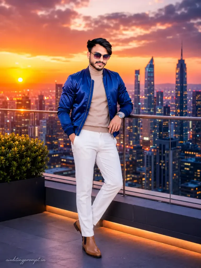 Royal Blue Rooftop Sunset Edit – ChatGPT Photo Editing Prompt for Boy