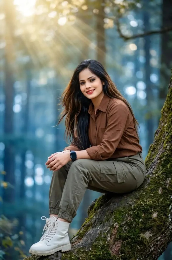 Stylish Girl Sitting on Tree Trunk in Dreamy Forest – Gemini AI Photo Editing