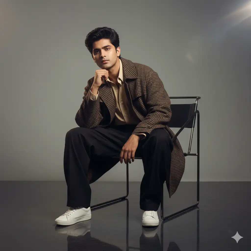 High Fashion Editorial Chair Pose Gemini AI photo prompt copy paste trending boys