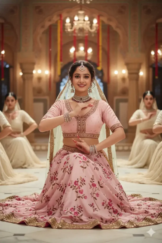 Bollywood Haveli Sitting Pose Cinematic Look AI Editing Prompts for Girls