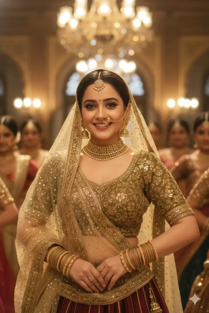 Joyful Maroon Lehenga Golden Cinematic Shot AI Editing Prompts for Girls