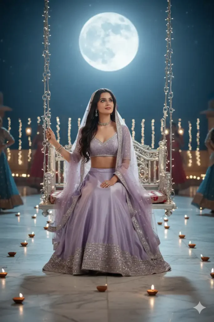 Moonlit Terrace Lilac Lehenga Magical Portrait AI Editing Prompts for Girls