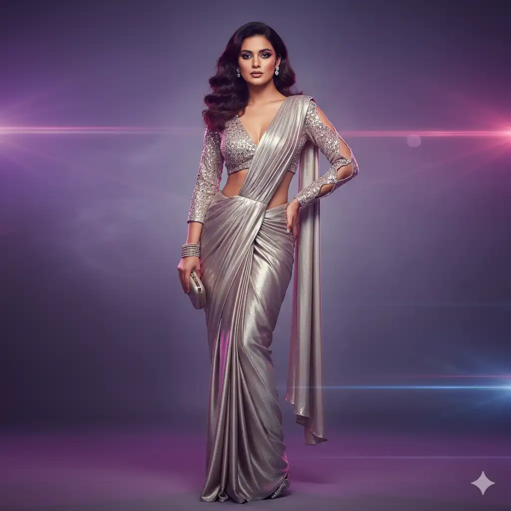 Ultra Long Modern Party Saree AI Prompt Very Detailed
