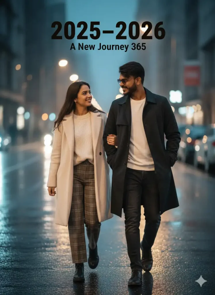 Photorealistic full body image of a young couple wearing casual long jackets walking on a road with blurred bokeh background in dark blue and light grey tones, text 2025 2026 A New Journey 365 displayed above
