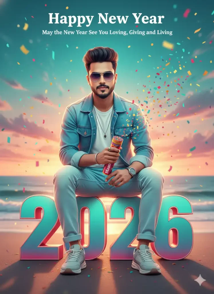 Happy New Year 2026 3D Text Beach Cinematic AI Portrait