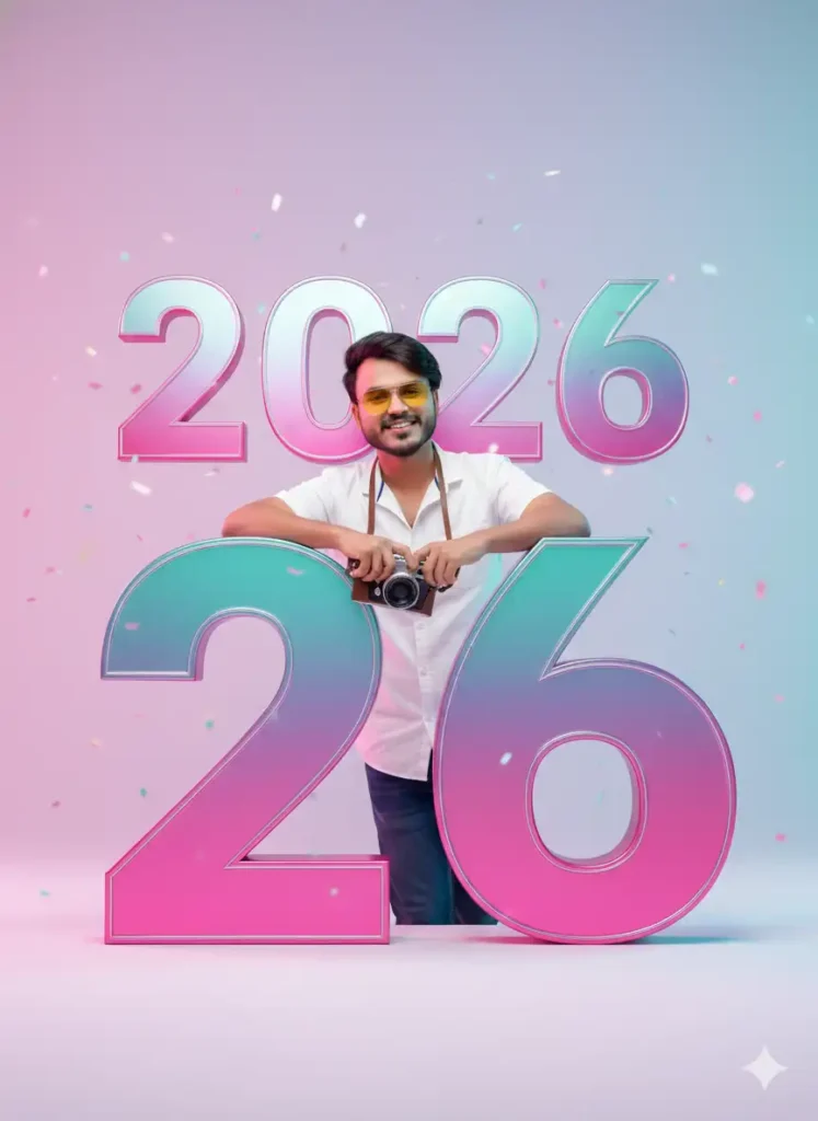 Man with medium-length hair wearing yellow aviator sunglasses and white shirt holding vintage DSLR camera while leaning on pink and teal 3D number 26 Happy New Year 2026 AI photo editing