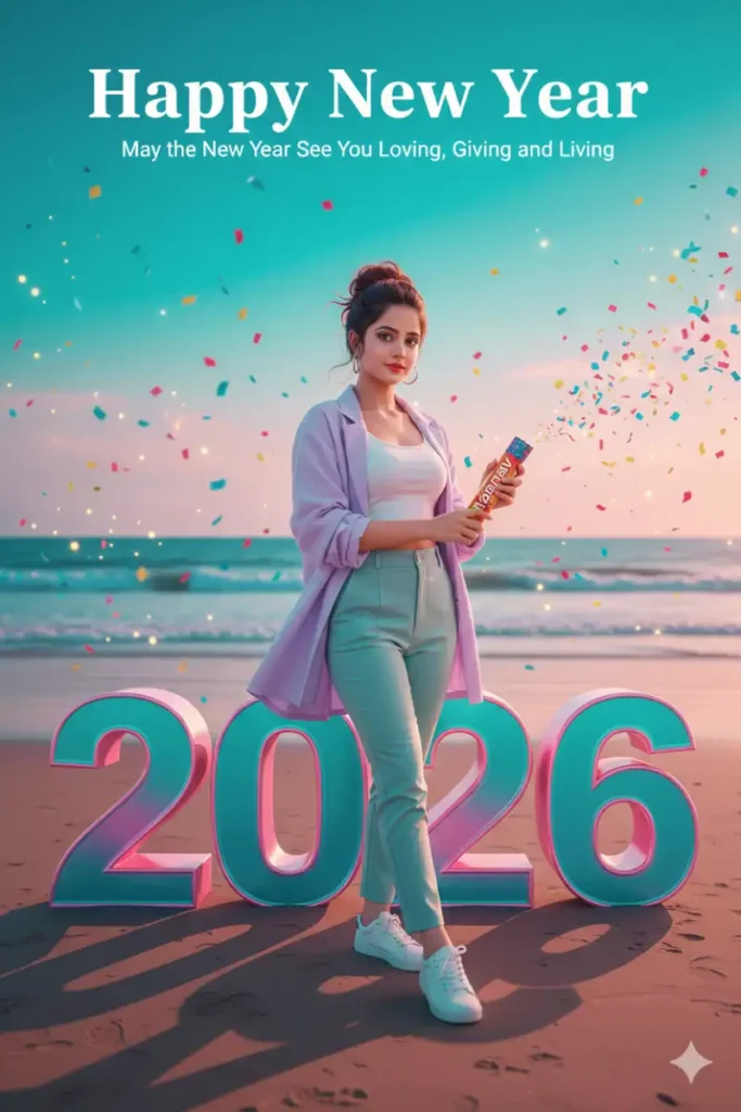 Ultra-realistic 8K cinematic portrait of a stylish young woman standing beside large 3D 2026 text on a sunset beach with teal pink sky, pastel outfit, holding party popper, falling confetti and Happy New Year text AI digital art