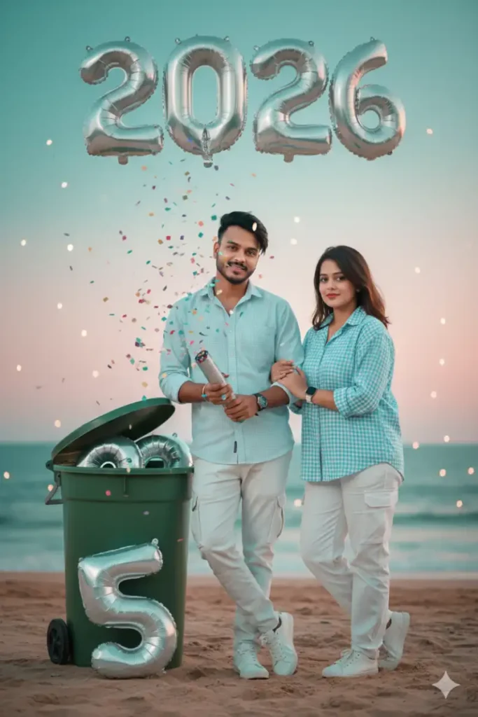 Happy New Year 2026 Cinematic Couple Beach AI Portrait