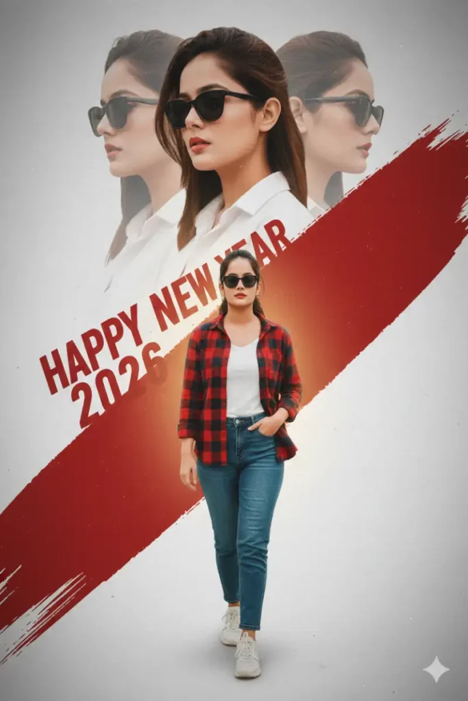 Cinematic Happy New Year 2026 poster collage of a confident young woman walking forward in jeans and checkered shirt with sports shoes, layered portrait in white shirt with sunglasses, red paint brush background and warm glow AI photo editing