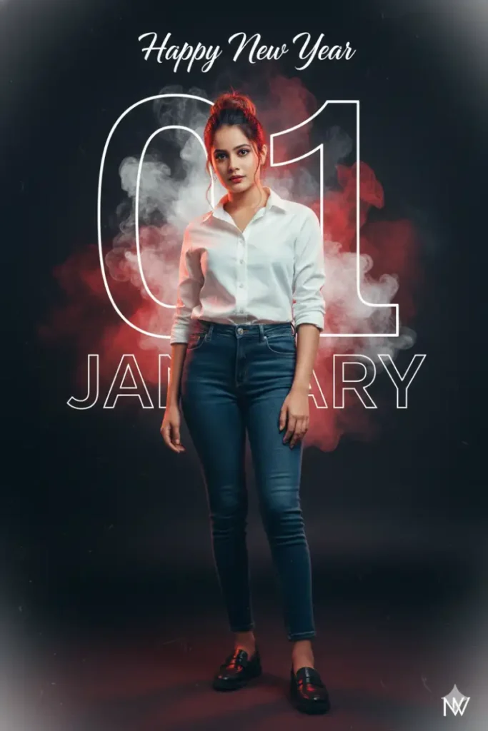 Happy New Year 2026 Cinematic Girl Poster with Polished Black Loafers
