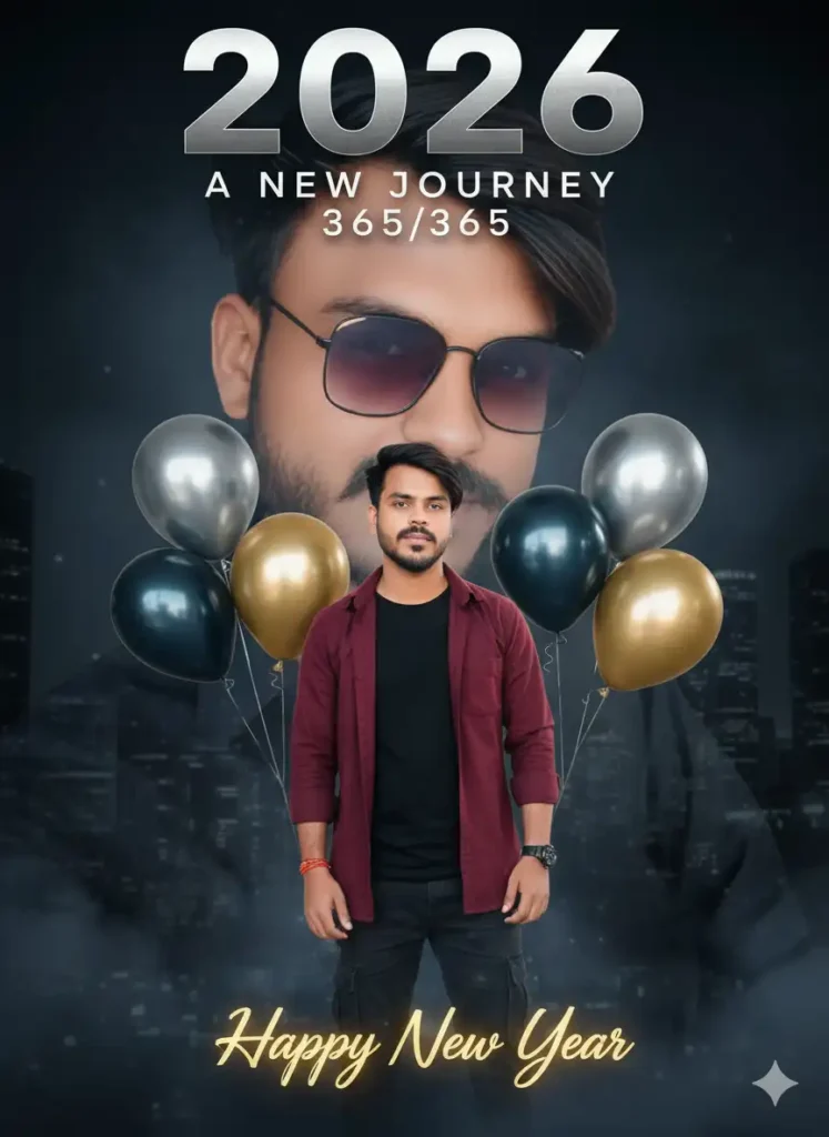 Boy wearing maroon open shirt with black t-shirt and cargo pants in double exposure style New Year 2026 AI photo editing with dark background, smoke, balloons and glowing Happy New Year text