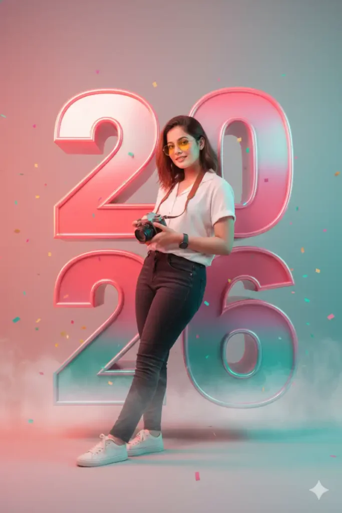 AI-generated New Year 2026 poster featuring dual photos, colorful yellow and blue backgrounds, torn-paper divider, 2026 metallic numbers, Happy New Year ribbon, and celebratory champagne details
