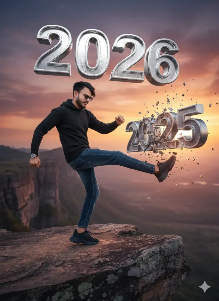 Ultra-realistic image of a young man standing on a high cliff wearing black knitted hoodie, dark jeans, black reflective sunglasses, and sneakers, dynamically kicking a large cracked 3D 2025 number while 2026 stands above his head, cinematic lighting and energetic motion AI art