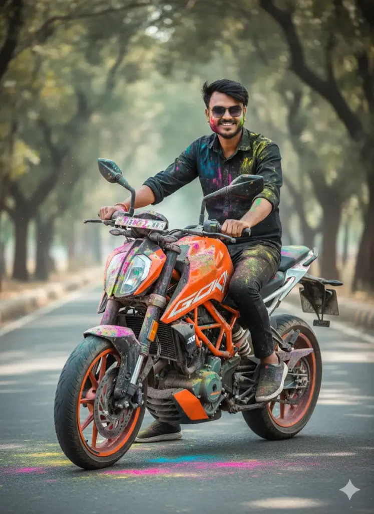 KTM bike Holi AI photo editing prompt with young man sitting on bike and multicolor gulal effect