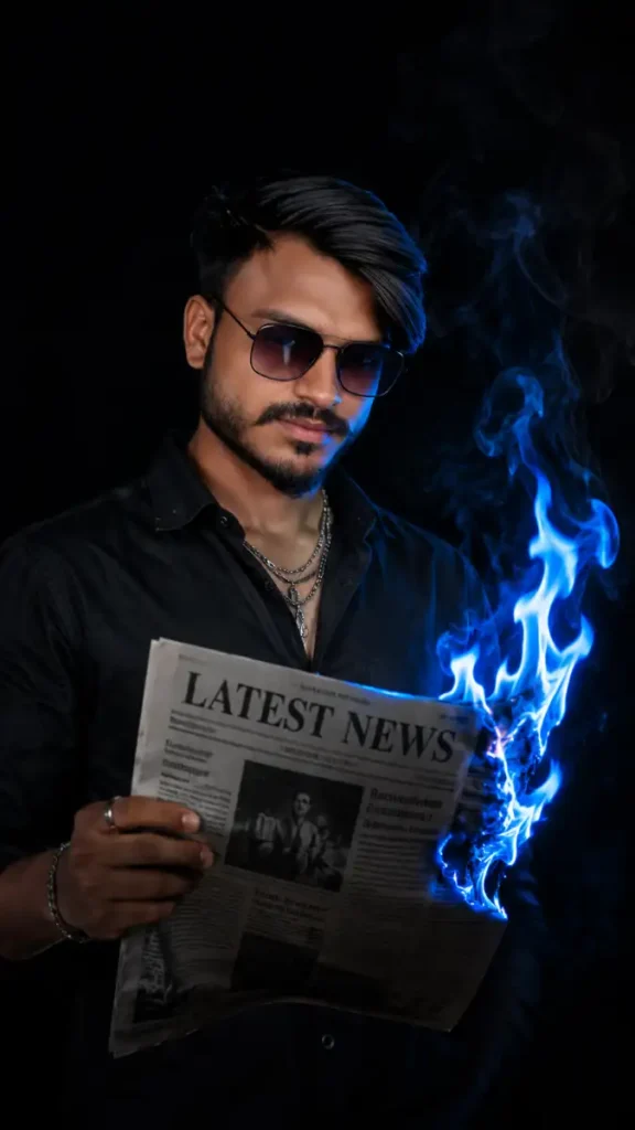 Blue Fire Cinematic AI Photo Editing Prompt with Burning Newspaper for Instagram Viral PFP
