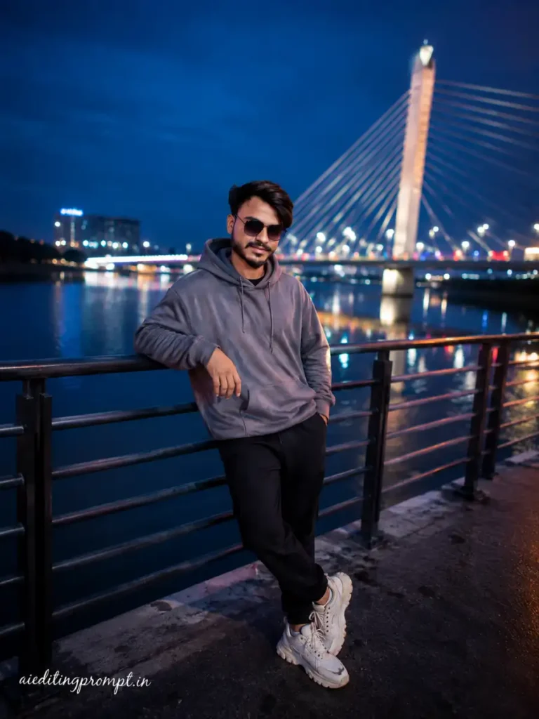 Durgam Cheruvu Cable Bridge Cinematic Portrait Instagram Viral PFP AI Photo Editing Prompt