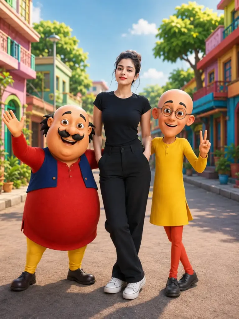 Motu Patlu AI Photo Editing Prompts – Real Girl with 3D Cartoon Characters