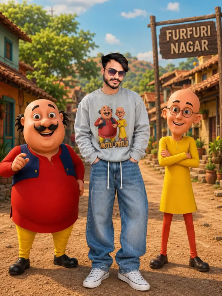 Motu Patlu AI Photo Editing Prompts – Realistic Photo with 3D Cartoon Characters