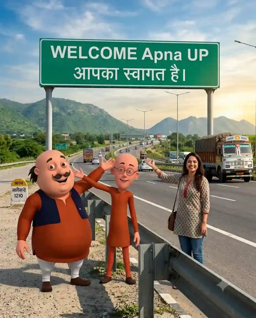 Motu Patlu AI Photo Editing Prompts – Welcome UP Highway Scene