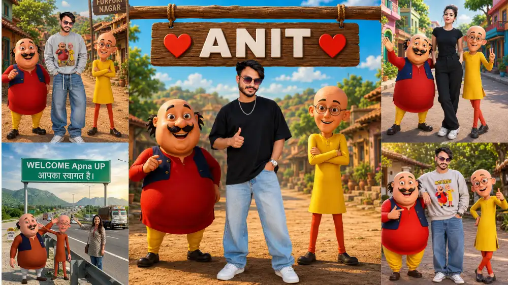 Motu Patlu AI Photo Editing Prompts featuring a realistic Indian boy with Motu and Patlu in a colorful 3D cartoon scene